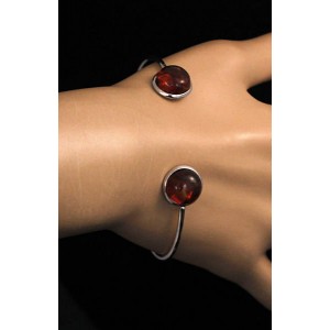 Браслет с янтарём темным, кабошон-мозаика, 2 круга, 12мм, жесткая основа