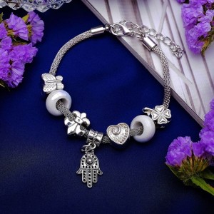 Браслет "Марджери" рука хамса, цвет белый, цвет серебристый (стекло, бижутерный сплав)