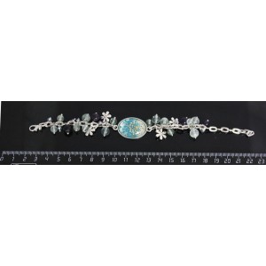 Браслет с кабошоном из пластика "два цветка", овал 25х18мм, цвет морская волна, + шарик флюорит