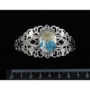 Браслет с кабошоном из пластика "два цветка",  цвет морская волна, овал 25х18мм, жесткая основа, цвет ант.серебро