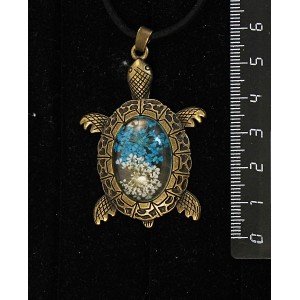 Кулон с кабошоном из пластика "два цветка", цвет морская волна, овал 25х18мм, "черепаха" оправа цвет бронза
