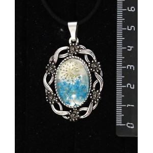 Кулон с кабошоном из пластика "два цветка", цвет морская волна, овал 25х18мм, оправа "торжество"