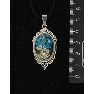 Кулон с кабошоном из пластика "два цветка", цвет морская волна, овал 25х18мм, оправа "медальон"