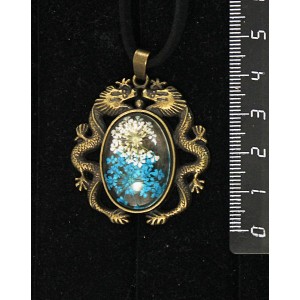 Кулон с кабошоном из пластика "два цветка", цвет морская волна, овал 25х18мм, оправа цвет бронза "2 дракона"