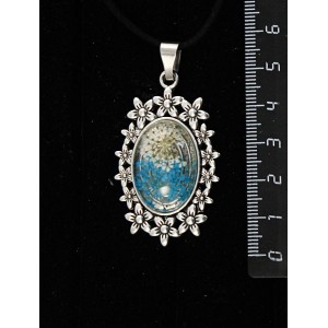 Кулон с кабошоном из пластика "два цветка", цвет морская волна, овал 25х18мм, оправа "клумба"