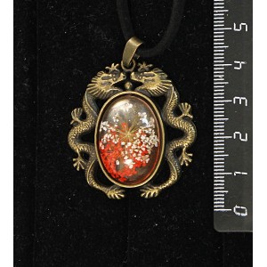 Кулон c кабошоном из пластика "два цветка", цвет красный, овал 25х18мм, оправа цвет бронза "2 дракона"