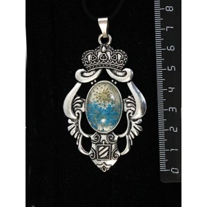 Кулон с кабошоном из пластика "два цветка", цвет морская волна, овал 25х18мм, оправа "императрица"