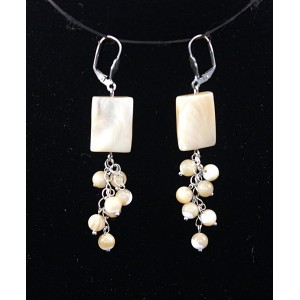 Серьги из перламутра кремового, прямоугольник + шарик
