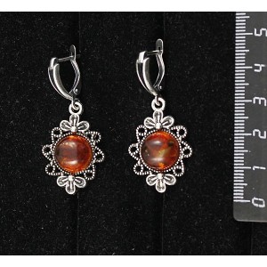 Cерьги из янтаря темного, кабошон-мозаика, "2 цветка", круг 12мм