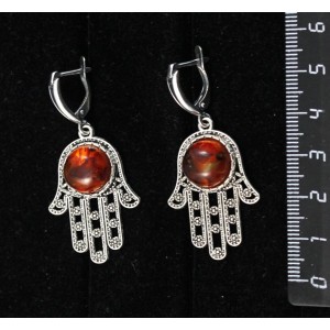 Серьги из янтаря темного, кабошон-мозаика, круг 12мм, "хамса", швензы посеребрение