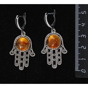 Серьги из янтаря светлого, кабошон-мозаика, круг 12мм, "хамса", швензы посеребрение