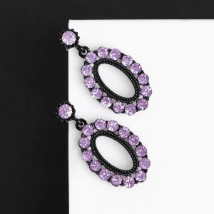 Серьги со стразами "Вуаль" овал, цвет сиреневый в чёрном металле