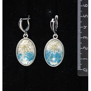 Серьги с кабошоном из пластика "два цветка", цвет морская волна, простой овал 25х18мм, швензы посеребрение