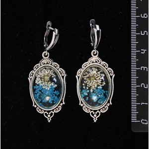 Серьги с кабошоном из пластика "два цветка", цвет морская волна, овал 25х18мм, оправа "медальон", швензы посеребрение