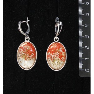 Серьги c кабошоном из пластика "два цветка", цвет красный, простой овал 25х18мм, швензы посеребрение