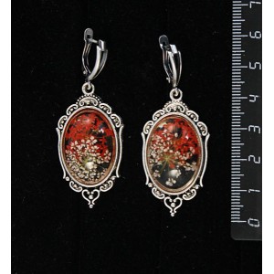 Серьги c кабошоном из пластика "два цветка", цвет красный, овал 25х18мм, оправа "медальон", швензы посеребрение