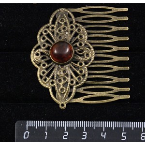 Заколка-шпилька из янтаря темного, кабошон-мозаика, круг 12мм, основа цвет бронза с узором