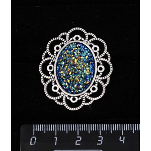 Брошь с кабошоном из пластика "щетка кристаллов", цвет темно-синий, овал 25х18мм, "ромашка"