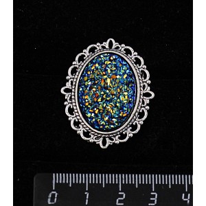 Брошь с кабошоном из пластика "щетка кристаллов", цвет темно-синий,  с ажурным контуром, цвет ант. серебро, овал 25х18мм