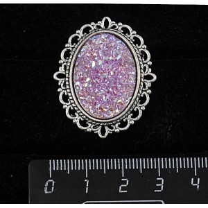 Брошьс кабошоном из пластика "щетка кристаллов", цвет сиреневый, с ажурным контуром, цвет ант. серебро, овал 25х18мм