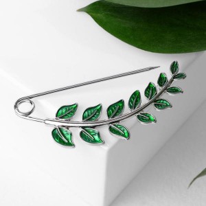 Булавка "Веточка лиственная" 6,5см, цвет зелёный, цвет серебристый