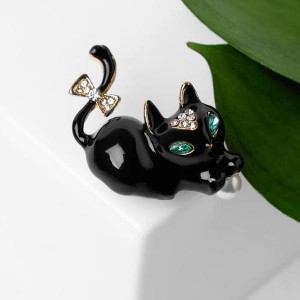 Брошь "Котёночек", цвет чёрно-белый, цвет золотистый