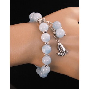 Браслет из кварца тонированного (цвет аквамарин), шарик 10мм, с подвеской