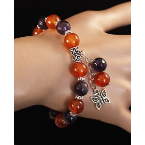 Браслет из аметиста (огранка) и сердолика, шарик 10мм, с подвеской