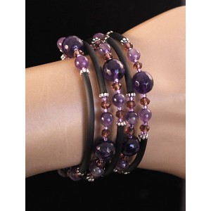 Браслет из аметиста, 4-5 оборотов, шарики 10мм (огранка) и 6мм с трубочками
