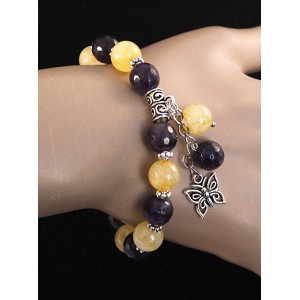 Браслет из аметиста (огранка) и цитрина, шарик 9-10мм, с подвеской