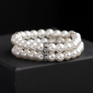 Браслет жемчуг "Невеста" бусины d=1 два ряда, со стразами, цвет белый (пластик, стразы, бижутерный сплав)