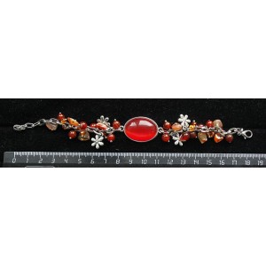 Браслет из кошачьего глаза (синт.),  цвет тёмно-оранжевый, овал 25х18мм, + шарики/галтовка сердолик