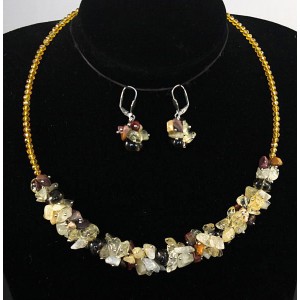Комплект: колье на проволоке и серьги из яшмы вишнево-желтой (мукаит), раухтопаза и цитрина + хрусталь