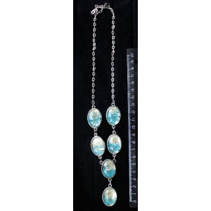 Колье с кабошоном из пластика "два цветка",  цвет морская волна, "6 овалов", 25х18мм