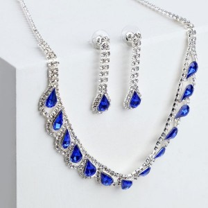 Комплект: серьги, колье "Листопад" капли, цвет сине-белый, цвет серебристый