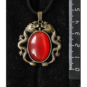 Кулон из кошачьего глаза (синт.),  цвет тёмно-оранжевый, овал 25х18мм, цвет бронза "2 дракона"