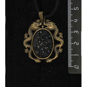Кулон с кабошоном из пластика "щетка кристаллов", цвет черный, овал 25х18мм, оправа цвет бронза "2 дракона"