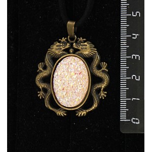 Кулон с кабошоном из пластика "щетка кристаллов", цвет персиковый, овал 25х18мм, оправа цвет бронза "2 дракона"