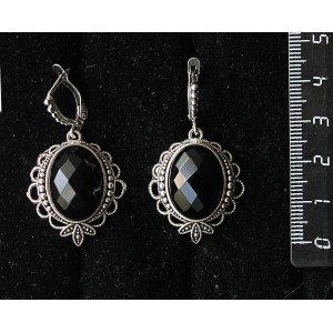 Cерьги из агата черного огранка, овал 18х13мм, основа "трилистник", швензы посеребрение