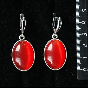 Серьги из кошачьего глаза (синт.),  цвет тёмно-оранжевый, простой овал 25х18мм, швензы посеребрение