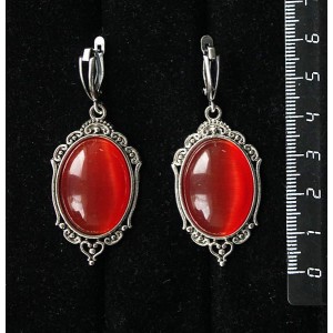 Серьги из кошачьего глаза (синт.),  цвет тёмно-оранжевый, овал 25х18мм, "медальон", швензы посеребрение