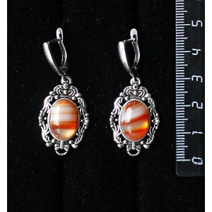 Серьги из сердолика полосатого, основа "принцесса", овал 14х10мм, швензы посеребрение