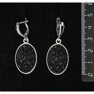 Серьги с кабошоном из пластика "щетка кристаллов", цвет черный, простой овал 25х18мм, швензы посеребрение