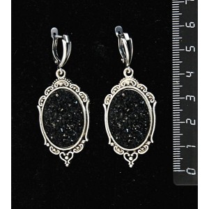 Серьги с кабошоном из пластика "щетка кристаллов", цвет черный, овал 25х18мм, оправа "медальон", швензы посеребрение