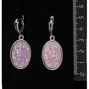 Серьги с кабошоном из пластика "щетка кристаллов", цвет сиреневый, простой овал 25х18мм, швензы посеребрение