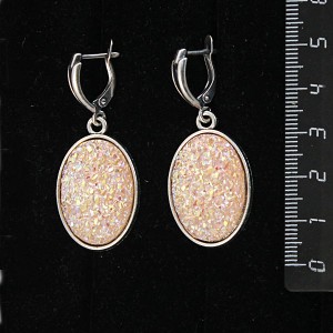 Серьги с кабошоном из пластика "щетка кристаллов", цвет персиковый, простой овал 25х18мм, швензы посеребрение