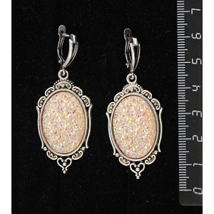 Серьги с кабошоном из пластика "щетка кристаллов", цвет персиковый, овал 25х18мм, оправа "медальон", швензы посеребрение