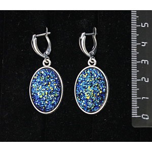 Серьги с кабошонами пластик "щетка кристаллов", простой овал 25х18мм, цвет темно-синий
