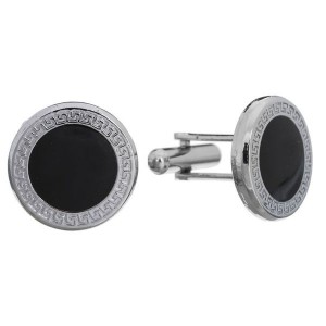 Запонки стальные "Классика" круг с эмалью, окантовка с орнаментом, цвет чёрный серебре