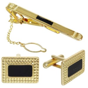 Набор мужской "Запонки + Зажим для галстука" точечный рисунок, прямоугольник, цвет чёрный, цвет золотистый